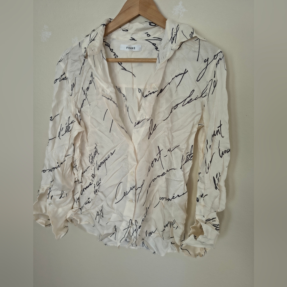 Silky Frame Script Writing Button Down Shirt Small - image 1